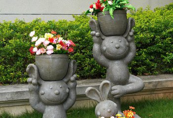 兔子雕塑-公園草坪頭頂花盆的大理石兔子雕塑