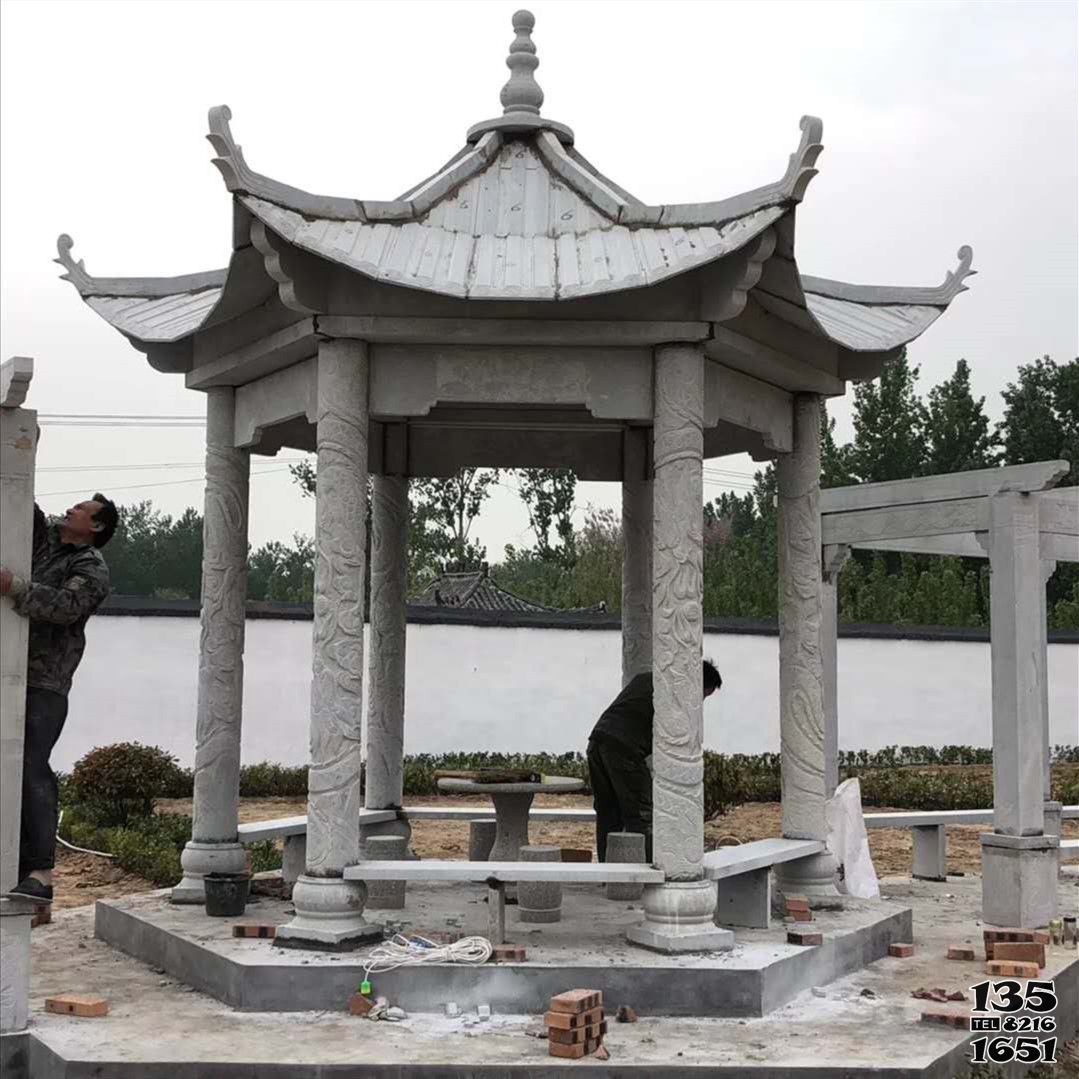 涼亭雕塑-公園庭院擺放仿古建筑六角雕刻長廊休閑涼亭高清圖片