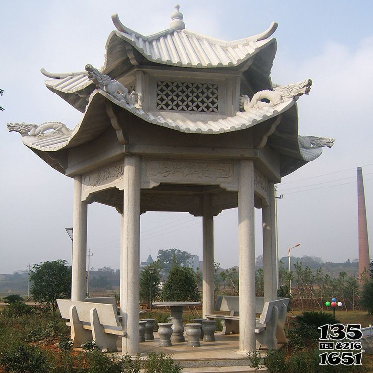 涼亭雕塑-雙層新款鏤空石涼亭公園戶外景觀雕塑高清圖片