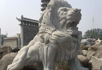 獅子雕塑-公園大理石石雕大象仿真瑞獸吼叫的獅子雕塑