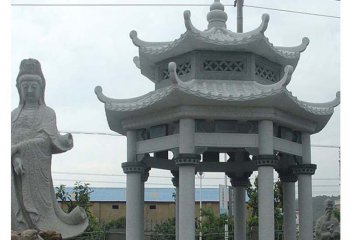 涼亭雕塑-寺廟戶外擺放雙層浮雕石柱涼亭座椅雕塑