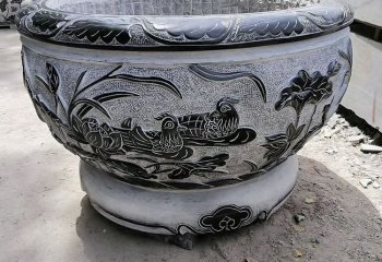 花盆雕塑-庭院寺廟大型青石石雕浮雕鴛鴦荷花花盆雕塑