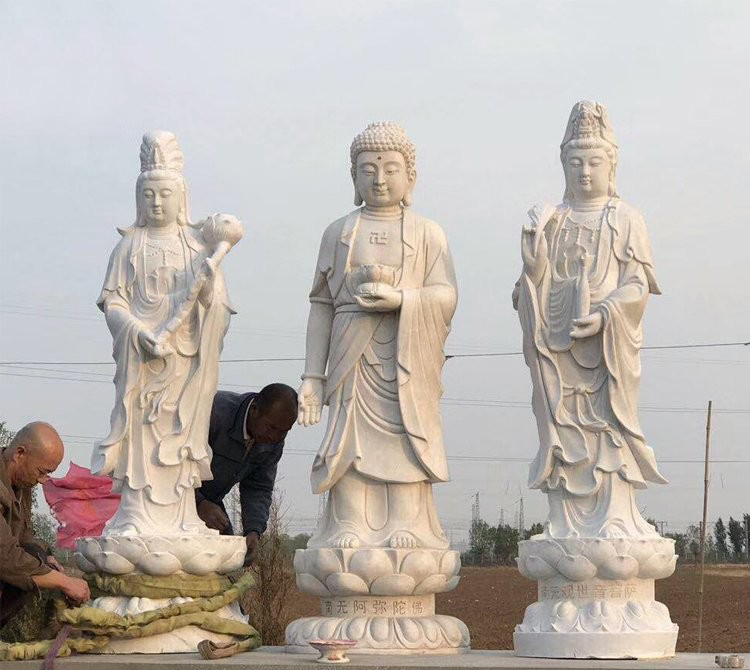 大理石寺廟西方三圣雕塑-宗教廟宇西方三圣石雕高清圖片